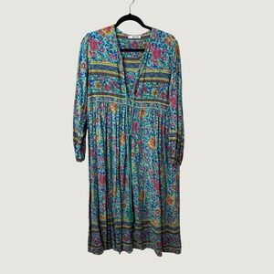 R.Vivimos XL 16/18 Turquoise Floral Boho Midi Dress Long Sleeve Cottagecore
